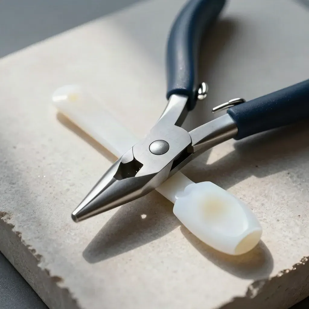 Dental scaler, orthodontic pliers and porcelain shade sample on pale stone in close-up.