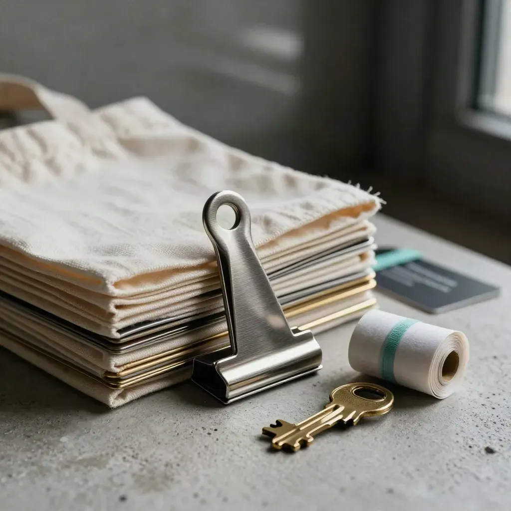 Retail kit still life with brushed-metal clips, tote, brass keys and receipt-roll cores on pale concrete.