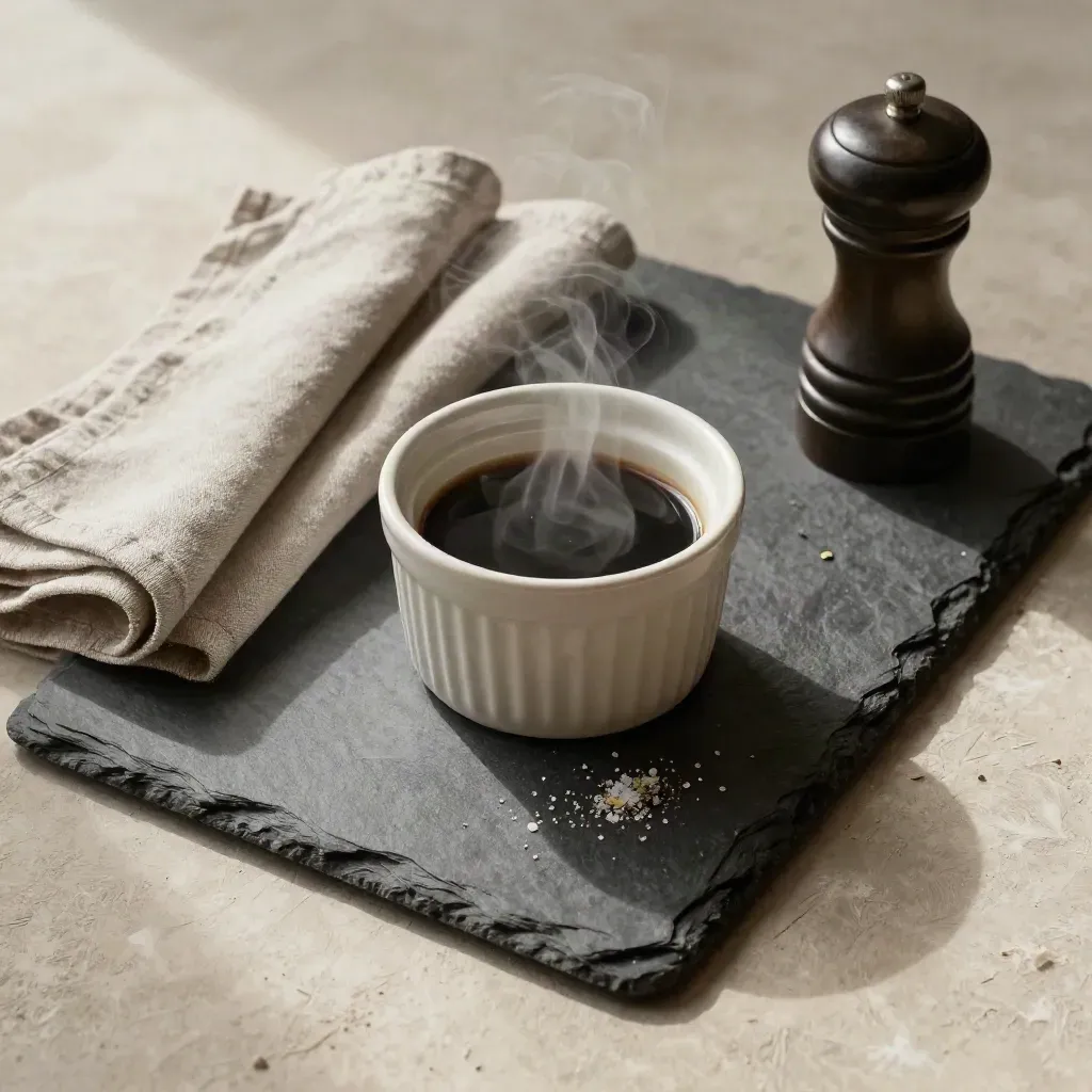 Steaming ramekin on slate with folded linen and a pepper mill on warm plaster.