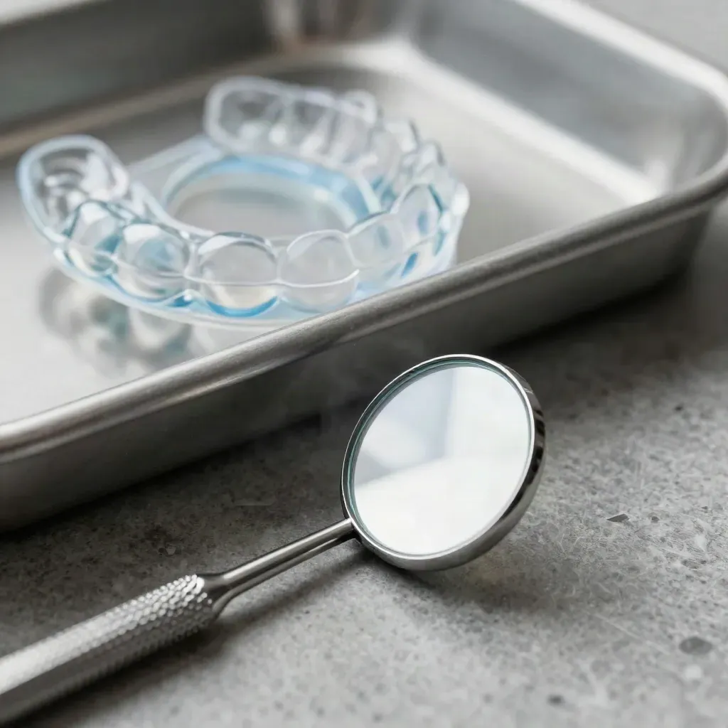 Dental mirror, sterilization tray and clear aligner case on brushed stone with soft light.
