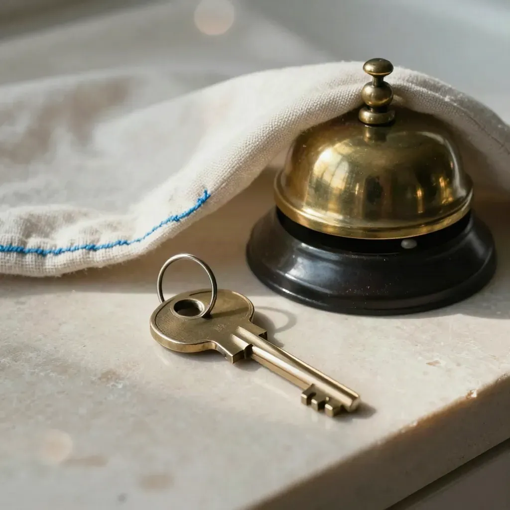 Brass hotel key, tray bell, and folded linen on pale limestone in soft macro light.