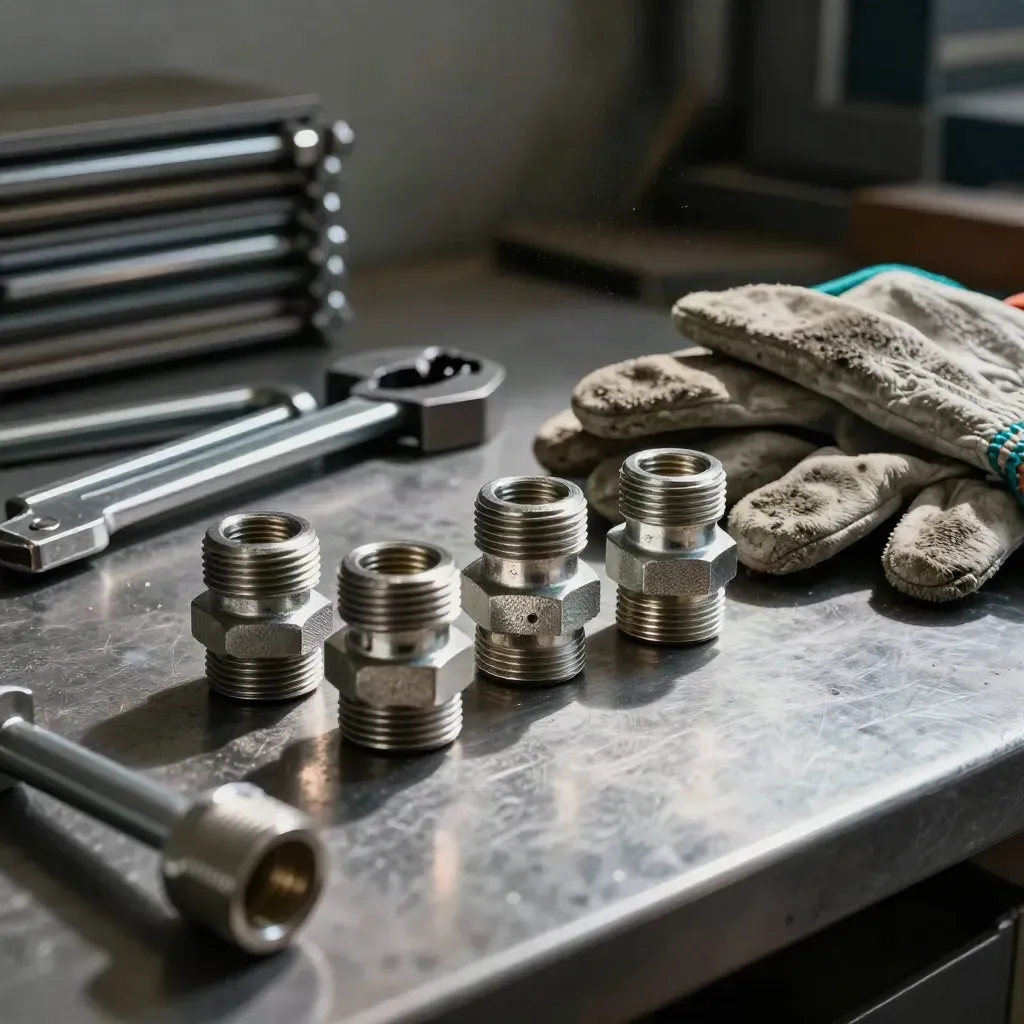 Galvanized pipe fittings, hex keys, glove, and clamp on brushed metal with teal accent.