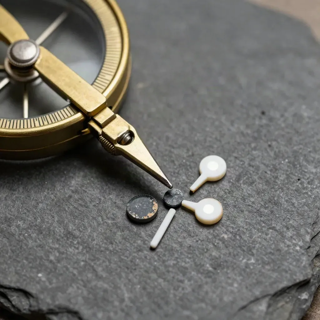 Brass compass, enamel pins and slate stake markers clustered on graphite stone