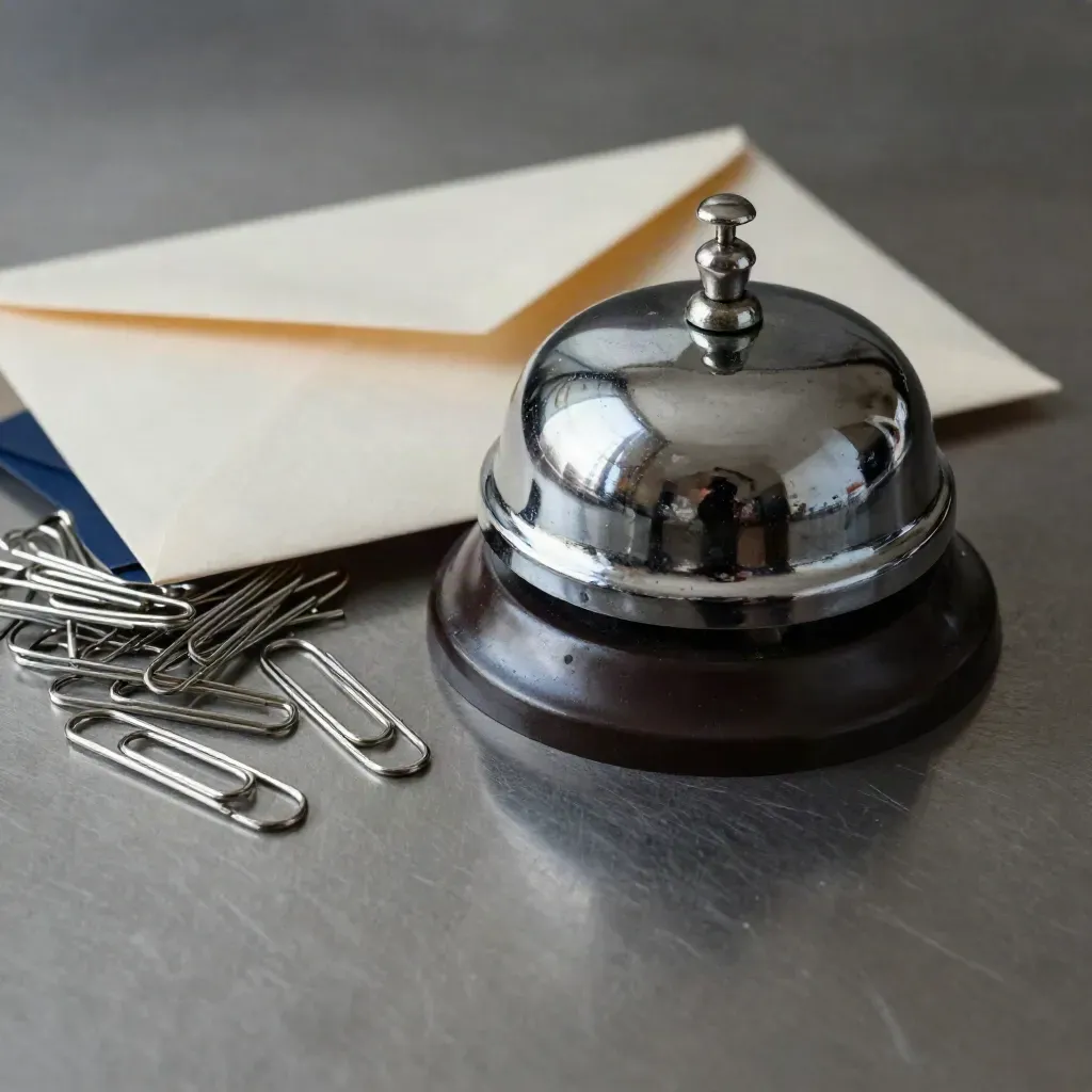 Chrome desk bell with paper clips and a sealed reply envelope on dark steel.