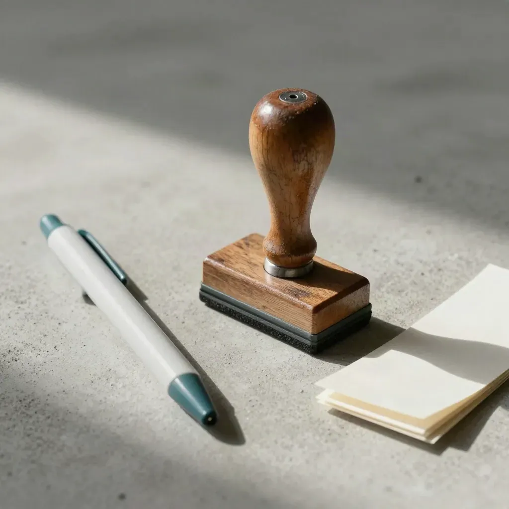 Macro of a rubber stamp, correction pen and blank tabs on pale concrete
