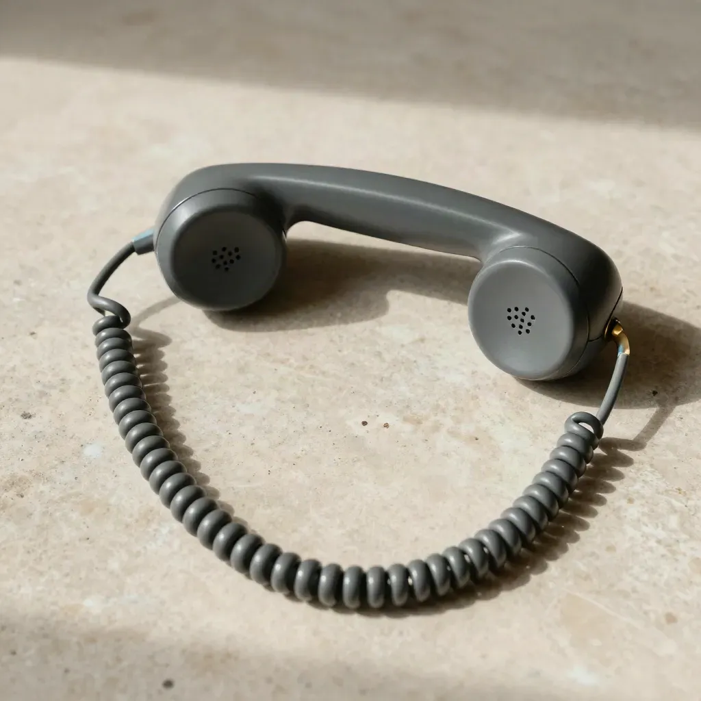 Corded handset, coiled cable and brass call button on warm stone, shot top-down.