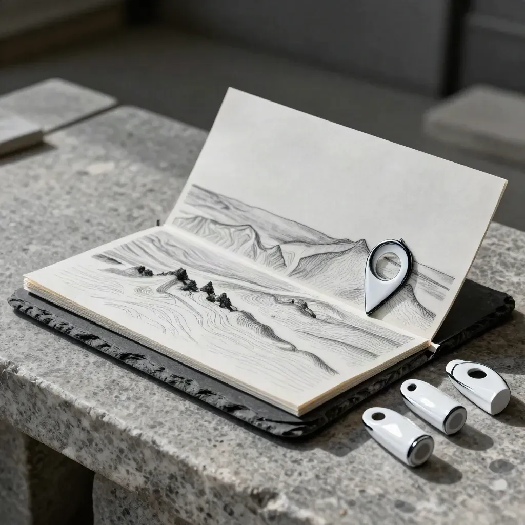 Folded contour sheet, slate paperweight, and three enamel location markers on a stone bench.