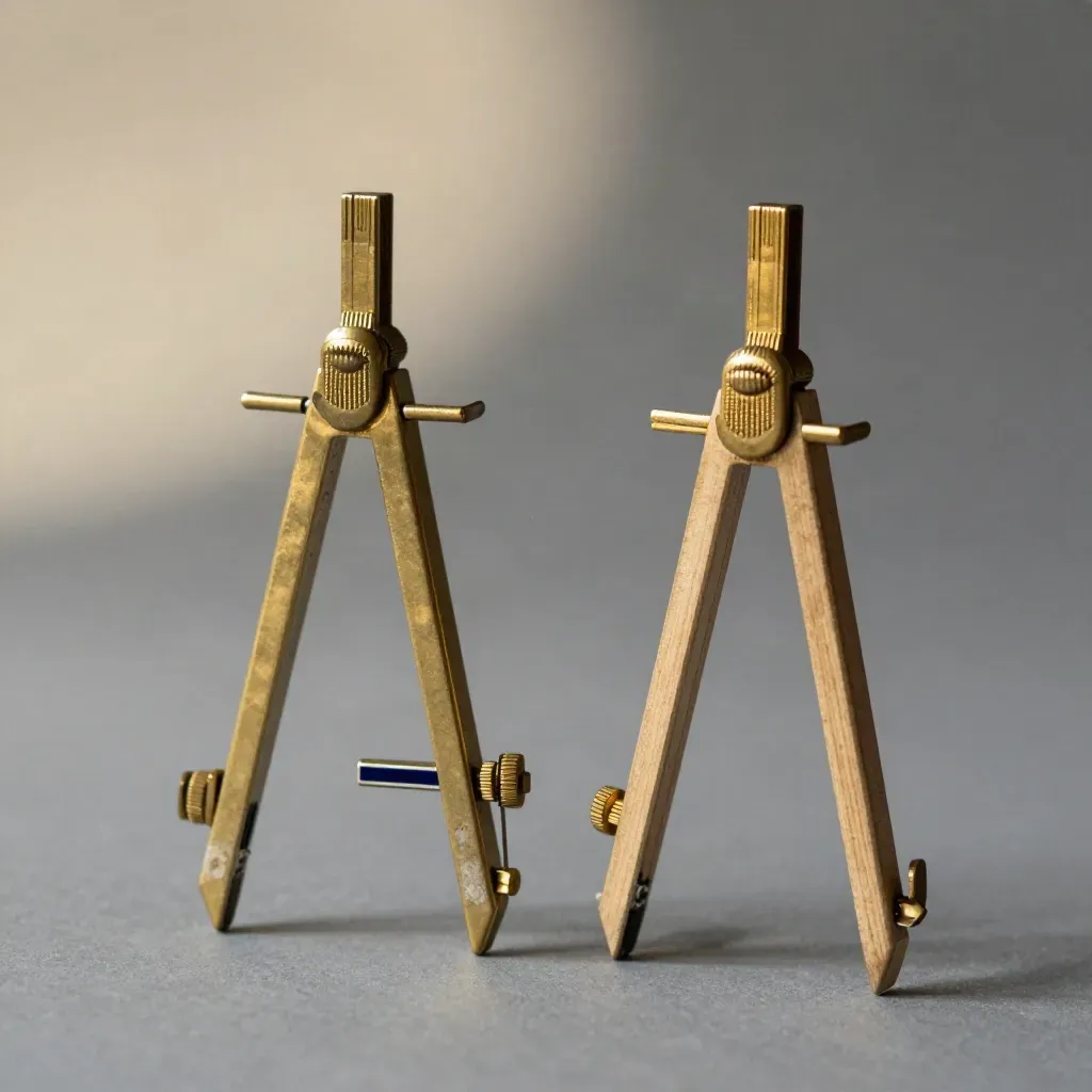 Two brass survey compasses open against a divider block on pale wood.
