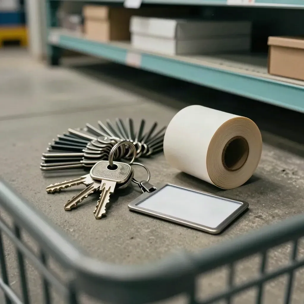 Retail keyring, shelf clips and badge on a stockroom floor behind a trolley rail