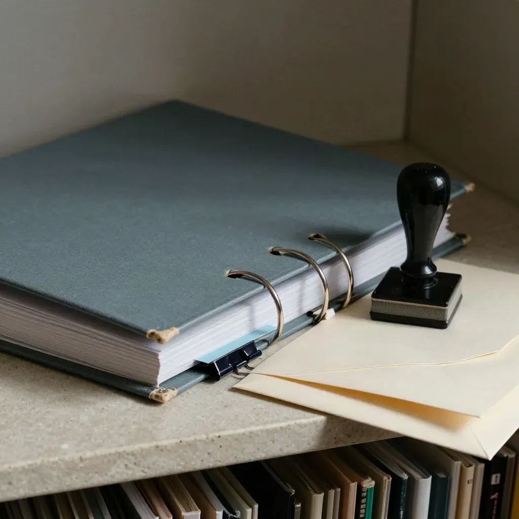 Close-up of a client binder, stamp, binder clips and envelope on a records shelf.