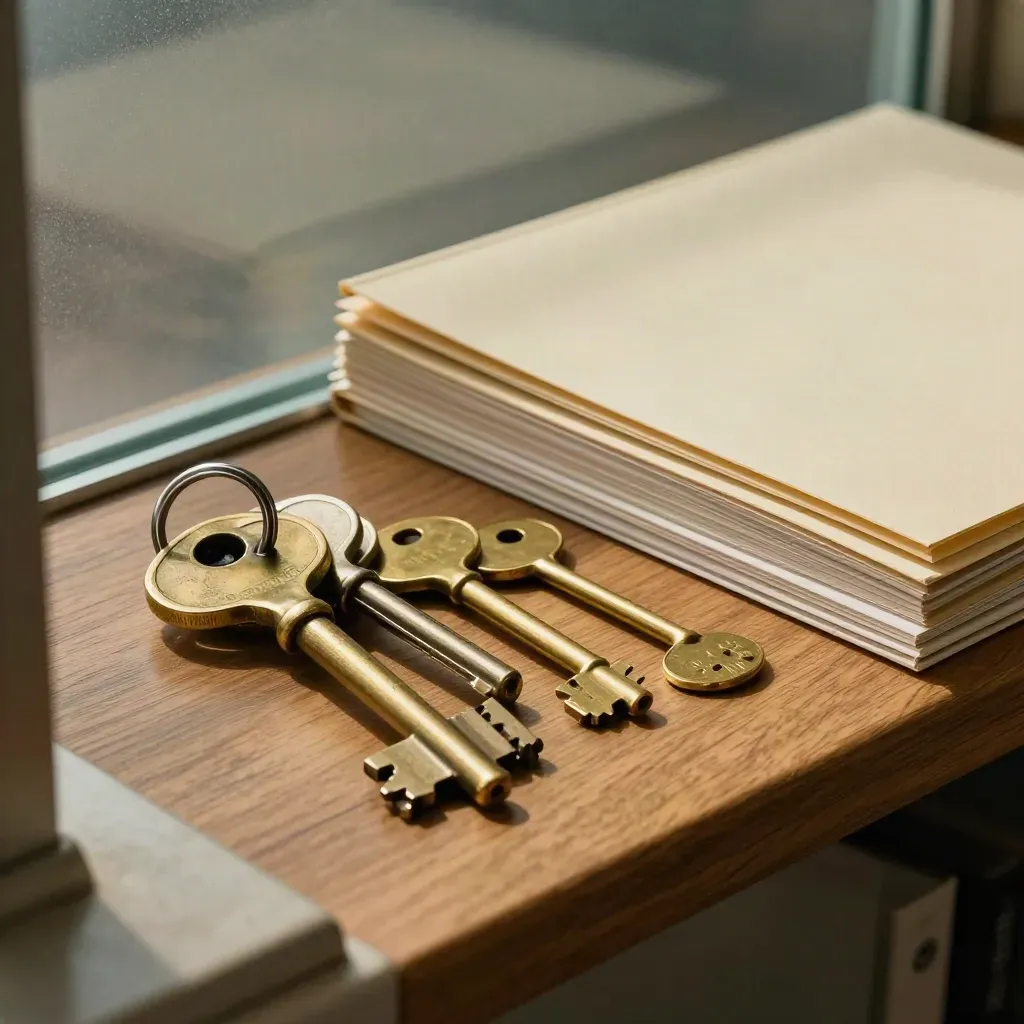 Brass keys, branch tokens, and blank folders on a honey-oak ledge behind glass.