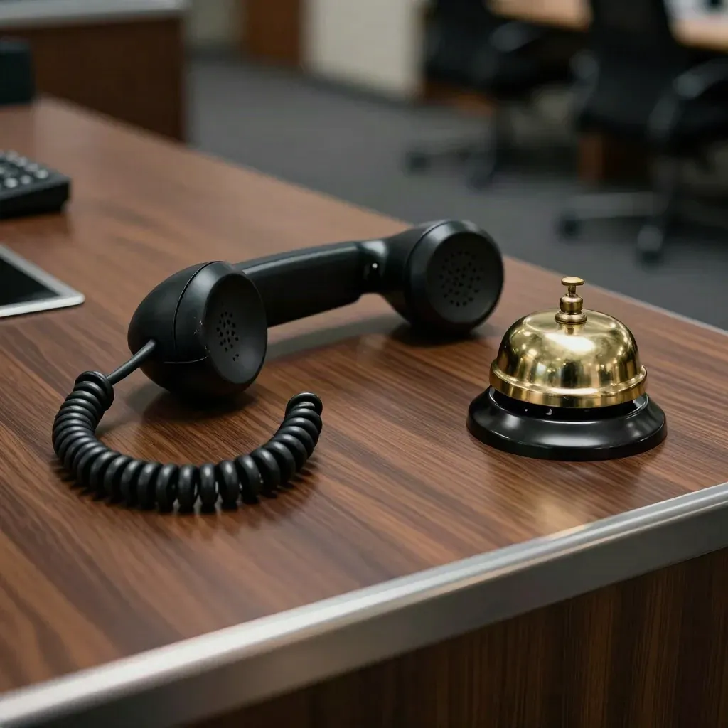 Corded handset, tangled cable and brass bell on a dark walnut counter.
