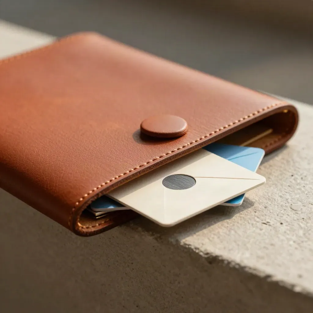 Macro of a leather presentation folio closing over sealed cards on a terracotta ledge.
