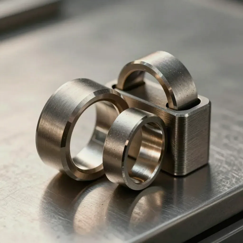 Machined rings and a connector block linked in a dramatic metallic still life