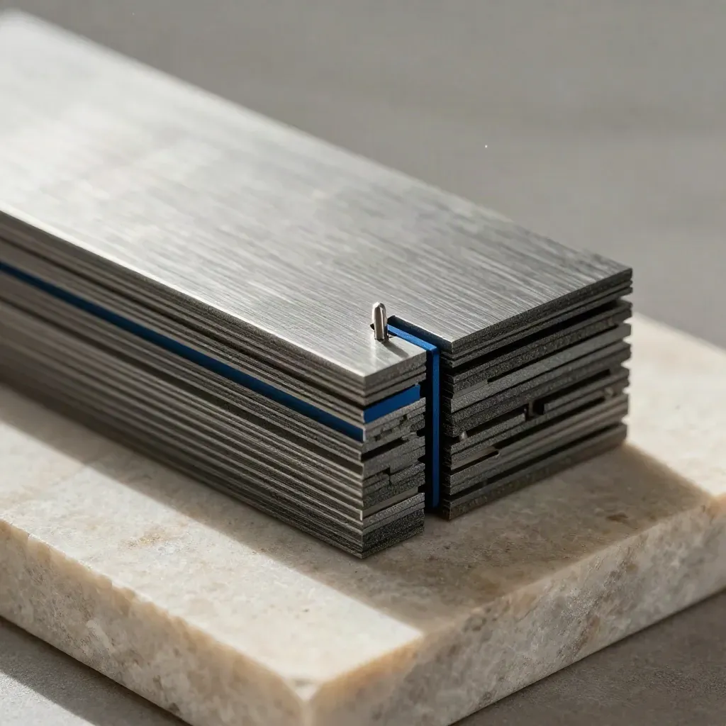 Macro of graphite connector modules, dovetail joiner and pin on pale stone.