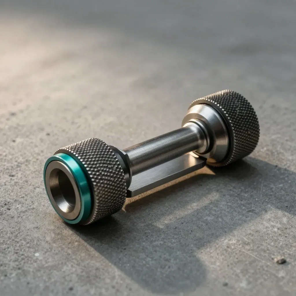Polished couplers and a bridge plate linked on concrete, lit with cool graphite and teal accents.