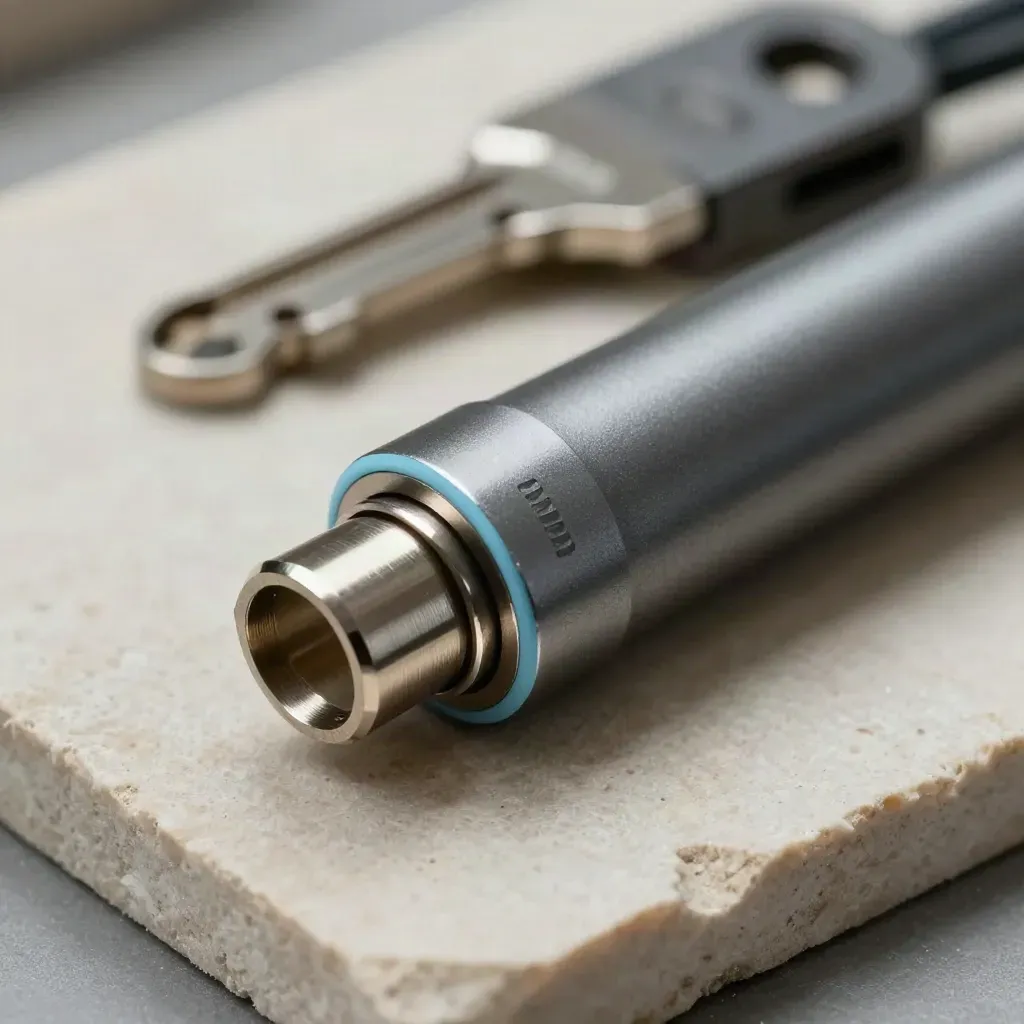 Anodized connector bar with spring clips and metal shims on pale limestone in dramatic side light.