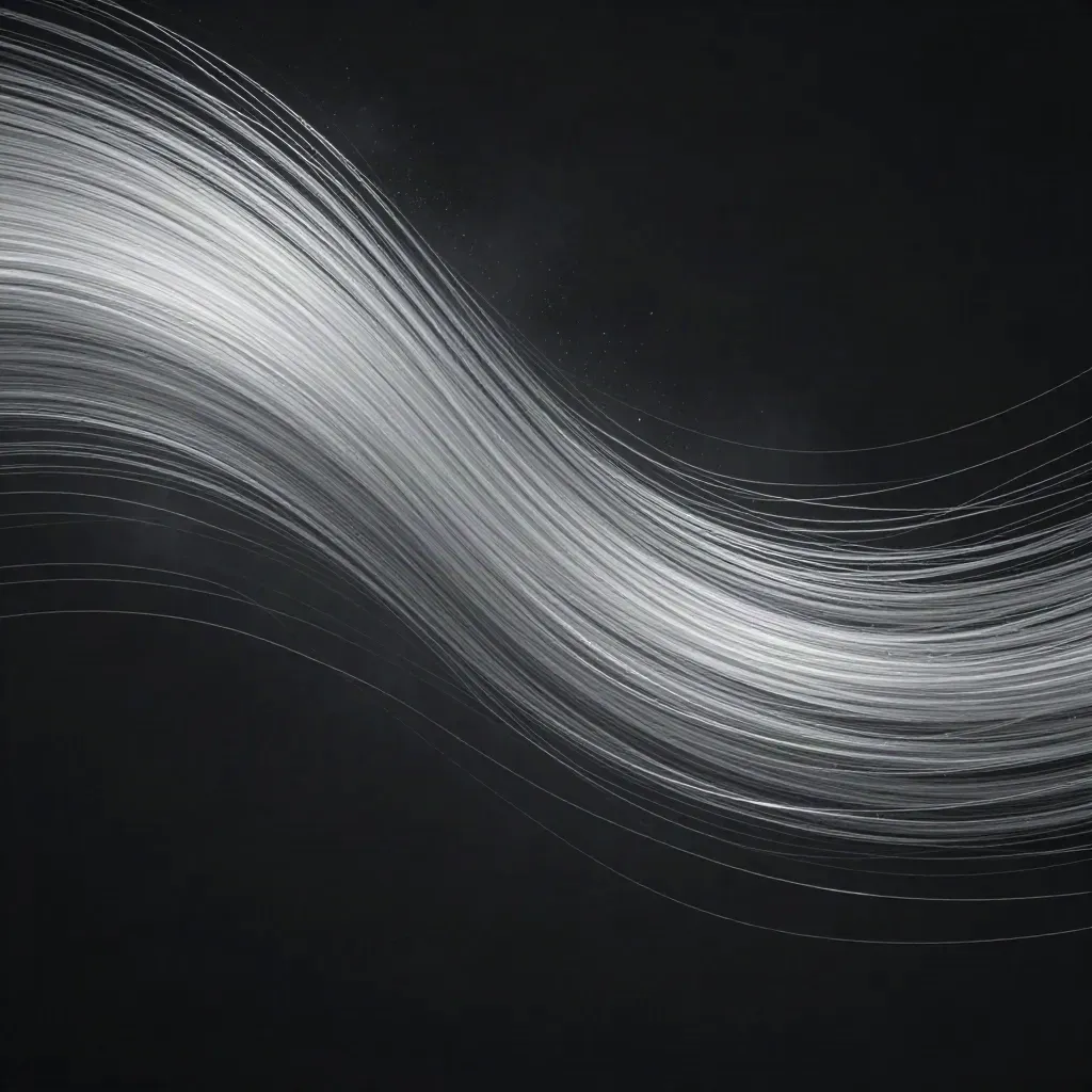 Silver filaments bloom in charcoal space with drifting motes and calm copy space.